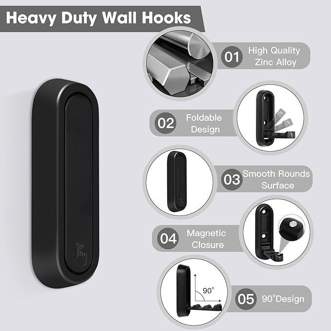 Dntorx Folding Coat Hooks, 4 Pcs Foldable Black Wall Hooks Heavy Duty Foldable Hook Bathroom Towel Hooks Robe Hooks Wall Mounted for Hanging Coat Towels Clothes Hat Bags Keys