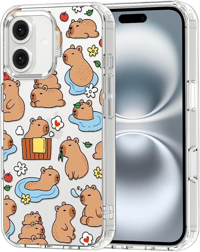 MOSNOVO for iPhone 16 Case, Shockproof Military-Grade Protection 6.6ft Drop Tested, Clear Phone Case for iPhone 16, Capybara Land Design