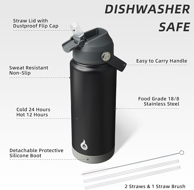 BJPKPK Water Bottle with Straw Lid, 24oz Vacuum Insulated Water Bottles, Metal Stainless Steel Thermo for Sports, Travel, BPA Free Leak Proof Thermo, Cups, Flasks, Tumblers,Black