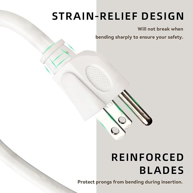 6ft Outdoor Extension Cord for Christmas Decorations - 16/3 Heavy Duty SJTW Waterproof White Electrical Cable with 3 Prong Grounded Plug for Safety, Great for Lawn and Major Appliances