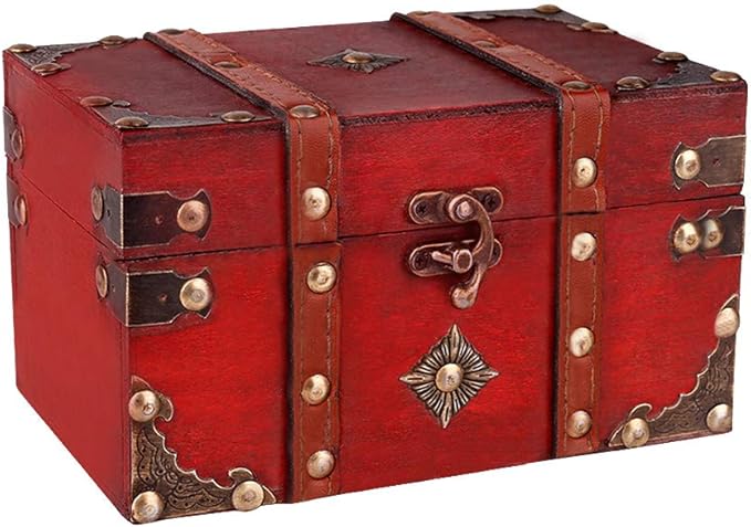 SICOHOME Treasure Chest, 7.1" Vintage Wooden Decorative Box with Pirate Trinkets for Jewelry, Tarot Cards, Gifts and Home Decoration Christmas Ornament Storage