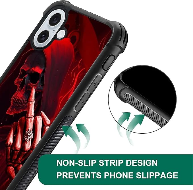 for iPhone 16 Plus Case, Gestures Funny Skull Pattern Graphic Design Girl Boy Soft Silicone Hard Acrylic Shock Protection for iPhone 16 Plus