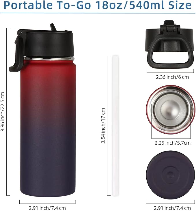 Volhoply 18oz Insulated Water Bottle Bulk 4 Pack,Kids Stainless Steel Water Bottles with Straw Lid,Wide Mouth Reusable Metal Cups,Double Wall Vacuum Sports Flask Keep Hot and Cold(Red Purple,4 Set)