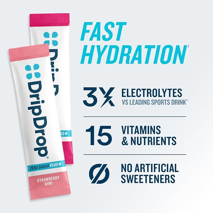 DripDrop Zero Sugar Plus - Sugar Free Hydration Packets - Single Serve Electrolytes Powder Drink Mix - Strawberry Kiwi, Peach, Cherry Limeade, Wild Berry - Non-GMO, Vegan - 8 Sticks