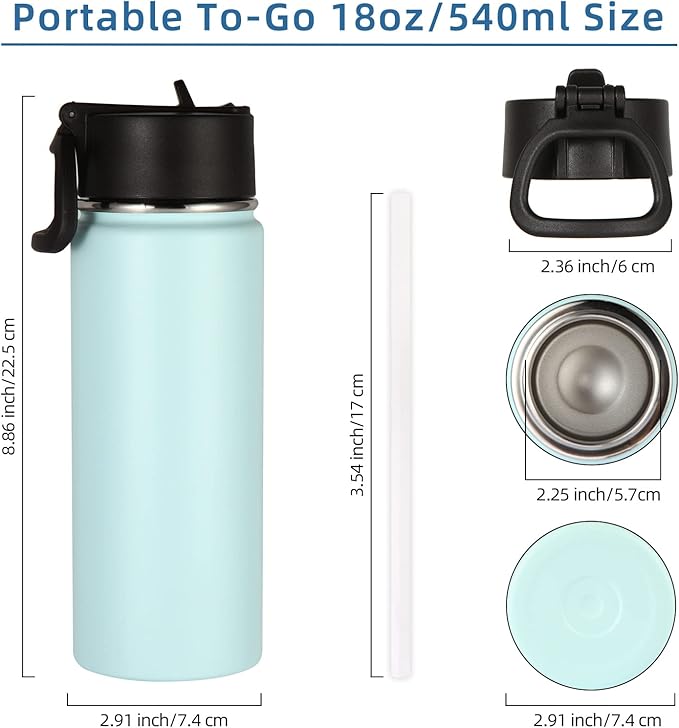 Volhoply 18oz Insulated Water Bottle Bulk 4 Pack,Kids Stainless Steel Water Bottles with Straw,Double Wall Vacuum Metal Water Bottle,Wide Mouth Reusable Sport Flask For Cold Drink(Fog,4 Set)