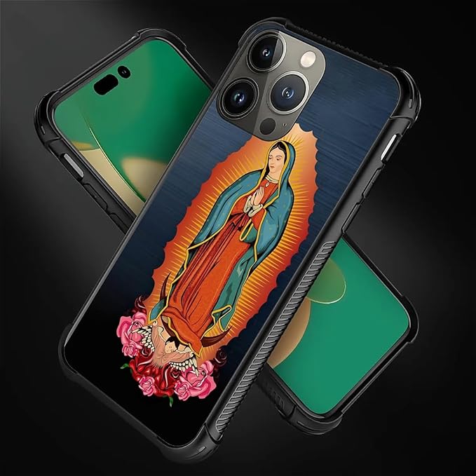 for iPhone 14 Pro Case, Red Virgen Guadalupe Pattern Graphic Design Girl Boy Soft Silicone Hard Acrylic Shock Protection for iPhone 14 Pro