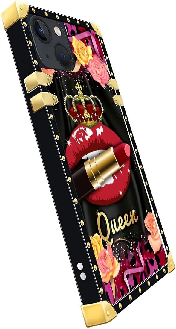 Compatible with iPhone 14 Case, Queen Lip Crown Leopard Print Luxury Golden Decoration for Girl Women Soft TPU Shockproof Protective Hard PC Back for iPhone 14