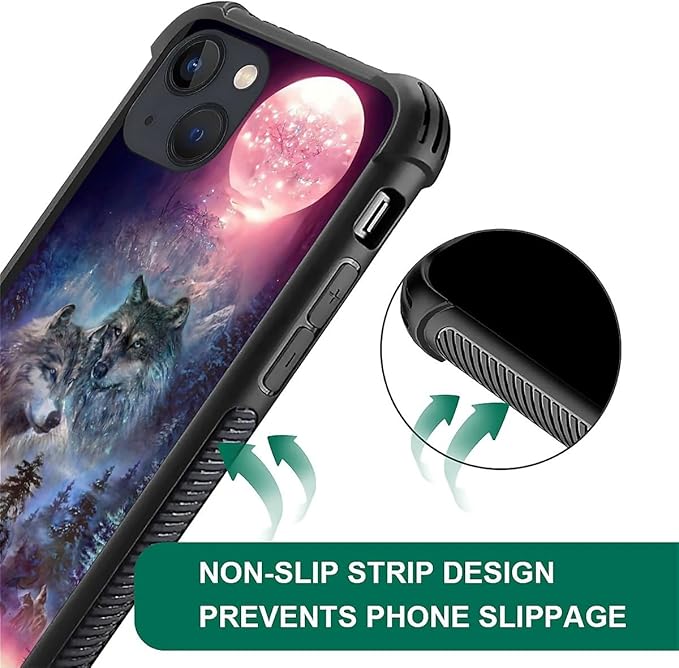 for iPhone 13 Case, Star Two Wolfs Howling Pattern Graphic Design Girl Boy Soft Silicone Hard Acrylic Shock Protection for iPhone 13