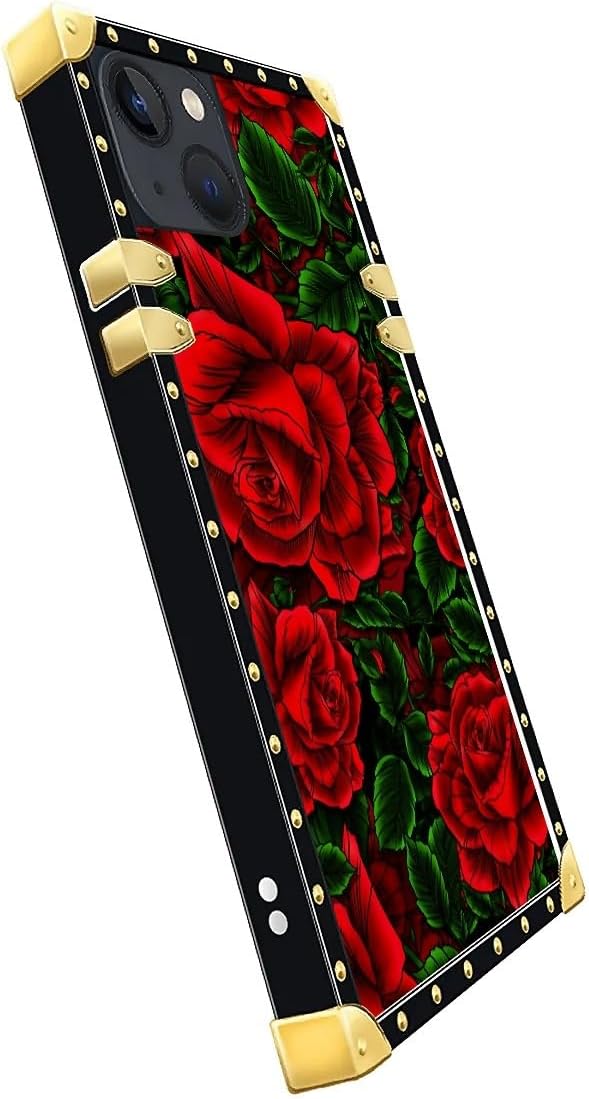 Compatible with iPhone 13 Case, Vector Red Rose Green Leaf Luxury Golden Decoration for Girl Women Soft TPU Shockproof Protective Hard PC Back for iPhone 13