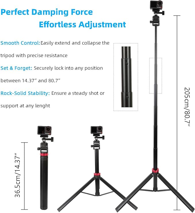 Osmo Action 6/5 pro 81" Extendable Selfie Stick & Tripod for Gopro Camera, Vlogging Video Recording, Compatible with GoPro Max Hero 14 13 12 11 10 9,DJI Osmo Action 6 5 4 3,DSLR（14-81”）
