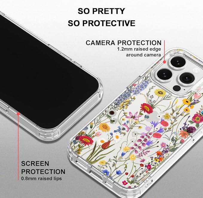 MOSNOVO Case for iPhone 15 Pro, [Buffertech 6.6ft Military-Grade Drop Protection] [Anti Peel Off Tech] Clear TPU Bumper Phone Case Cover Design - Wildflower Meadow