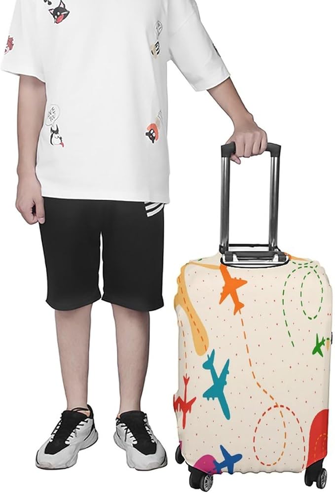 Colorful Airplane Stretch Luggage Cover, Washable Suitcase Protector Fits 19-21in Cases, Secure Fit for Carry On Checked Bags, Travel Essentials