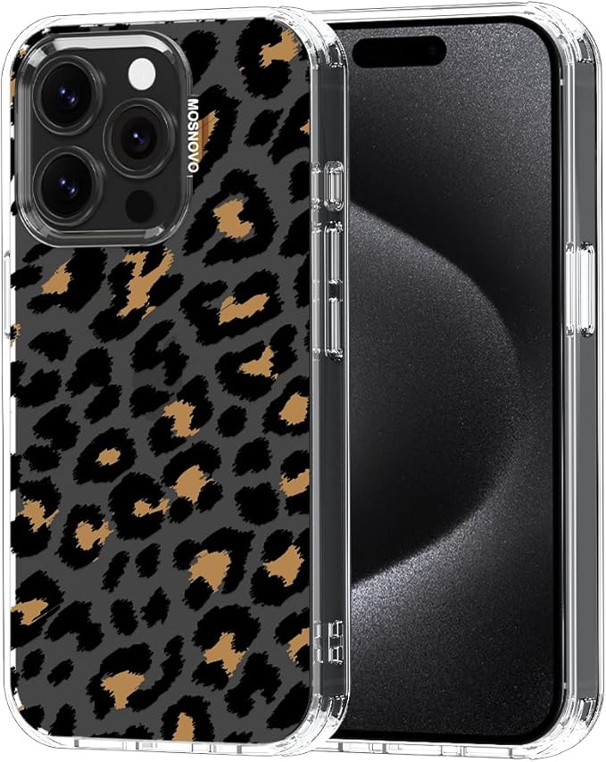 MOSNOVO Case for iPhone 15 Pro, [Buffertech 6.6ft Military-Grade Drop Protection] [Anti Peel Off Tech] Clear TPU Bumper Phone Case Cover Design - Leopard Print
