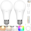 2-Pack A19 Rechargeable Light Bulbs with Remote, 15 Colors Shift + Dimmable Battery Operated Detachable LED Bulbs with 3 Timer, Wireless Emergency Puck Light Bulb for Lamps Wall Sconce, Non-Hardwired