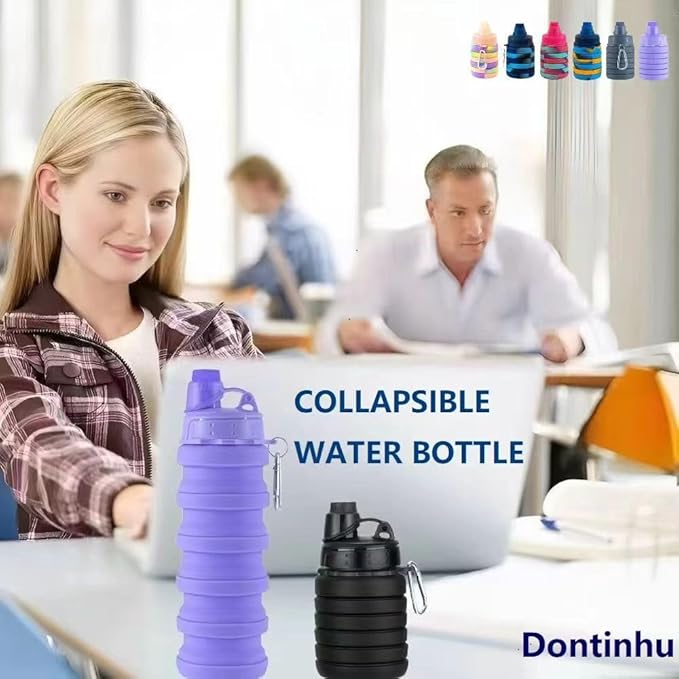 Collapsible Water Bottles 3 PackTravel water bottle Sports Portable Water Bottle Reusable Water Bottles 500ml. (Black+Light Grey+Pink)