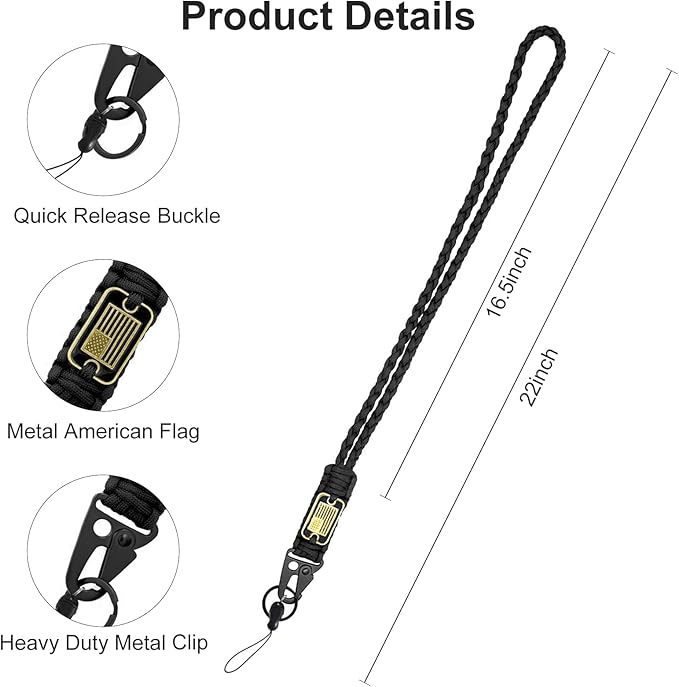 Paracord Key Lanyard for Men Black Neck Lanyard for Keys with Cool USA Flag, Long Heavy Duty Braided Keychain Lanyard for Wallets, Keys, Whistle，Camera, Phone, Outdoor Activities