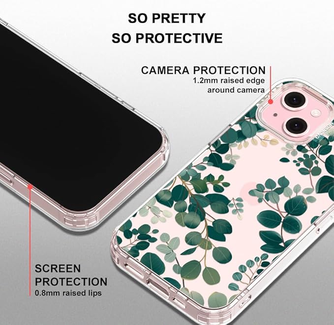 MOSNOVO Case for iPhone 15, [Buffertech 6.6ft Military-Grade Drop Protection] [Anti Peel Off Tech] Clear TPU Bumper Phone Case Cover Design - Eucalyptus