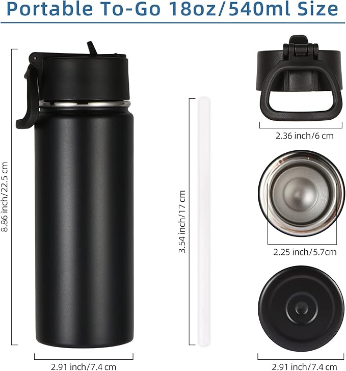 Volhoply 18oz Insulated Water Bottle Bulk 2 Pack,Kids Stainless Steel Water Bottles with Straw Lid,Wide Mouth Reusable Metal Bottle,Double Wall Vacuum Sports Flask For Cold Drink(Black,2 Set)