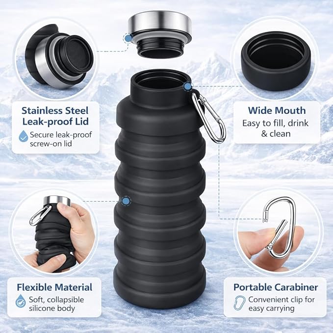 Collapsible Water Bottles,16oz Portable Reusable Silicone Water Bottle,Leak-proof,with buckle,foldable storage,Lightweight Durable for Fitness,Cycling,Sports,Camping,Hiking (Black+Green)