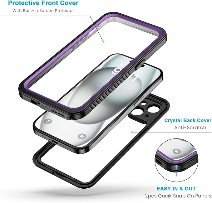 Lanhiem for iPhone 15 Plus Case, IP68 Waterproof Dustproof Shockproof Cases with Built-in Screen Protector, 360 Full Body Protective Front and Back Cover for iPhone 15 Plus - 6.7 inch (Purple)