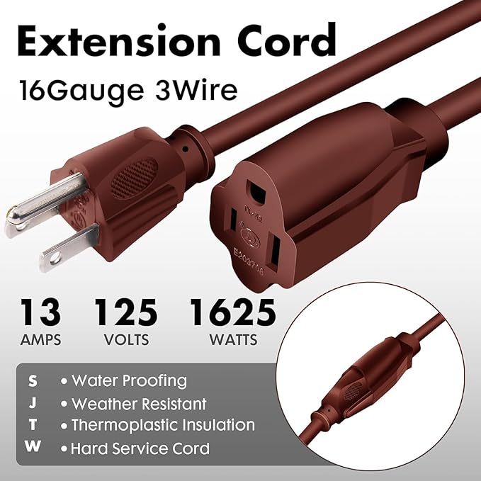 1ft Brown Extension Cord Waterproof, UL Listed, 16/3 SJTW Heavy Duty 3 Prong, 16 Gauge 13A Power Cord Ideal for Lights, Appliances, and Lawn