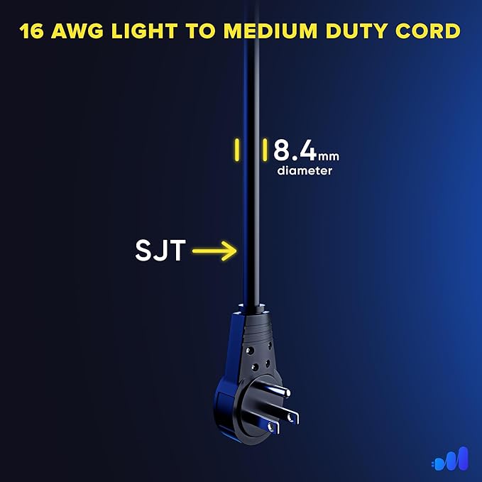 Maximm Cable 10 Feet 360° Rotating Flat Plug Extension Cord/Wire, 3 Prong Grounded Wire 16 Awg Power Cord - Black UL Certified