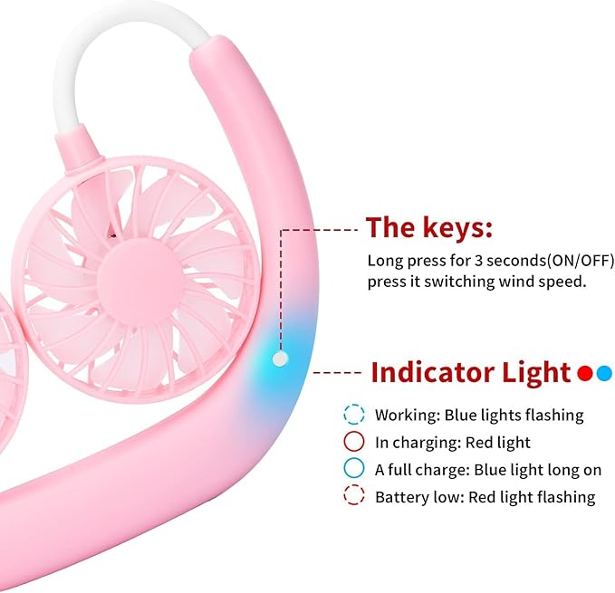 Portable Neck Fan Rechargeable Personal Hand-Free Fan Mini USB Wearable Neckband Sport Fan, 3 Speed Adjustable, 360 Degrees Free Rotation Perfect for Working, Traveling,Office, Reading (Blue Pink)