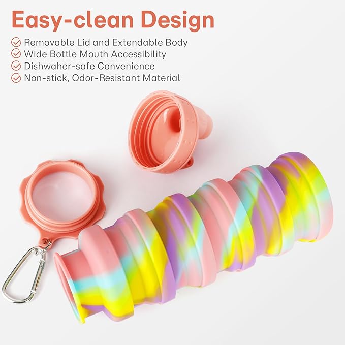 Collapsible Water Bottles for Travel, Foldable Sports Water Bottle for Kids, Reusable Water-proof Silicone Water Bottles with mountaineering Buckle for Camping Hiking Holiday