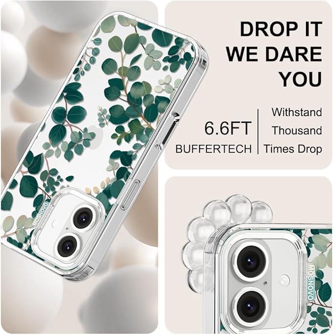 MOSNOVO Case for iPhone 16 Plus, [Buffertech 6.6ft Military-Grade Drop Protection] [Anti Peel Off Tech] Clear TPU Bumper Phone Case Cover Design - Eucalyptus