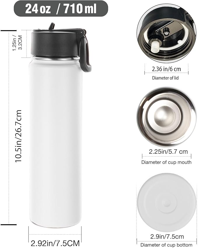 Volhoply 24oz Insulated Water Bottle with Straw Bulk 8 Pack,Not Suitable for Sublimation,Metal Wide Mouth Water Bottles with Handle Lid Keep Cold,Reusable Double Wall Cups(White,8 Count)