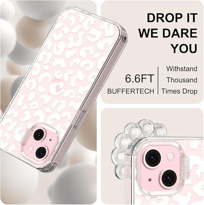 MOSNOVO Case for iPhone 15 Plus/iPhone 14 Plus, [Buffertech 6.6ft Military-Grade Drop Protection] [Anti Peel Off Tech] Clear TPU Bumper Phone Case Cover Design - White Leopard Print
