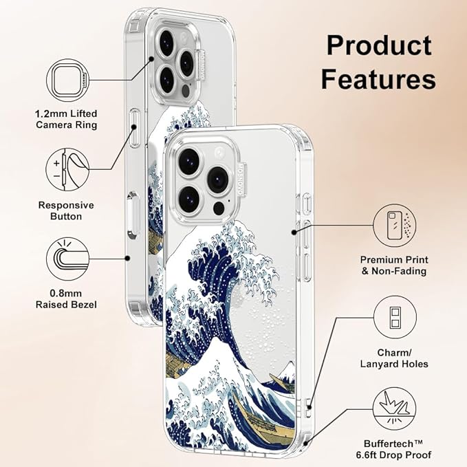 MOSNOVO Case for iPhone 16 Pro Max, [Buffertech 6.6ft Military-Grade Drop Protection] [Anti Peel Off Tech] Clear TPU Bumper Phone Case Cover Design - Great Wave