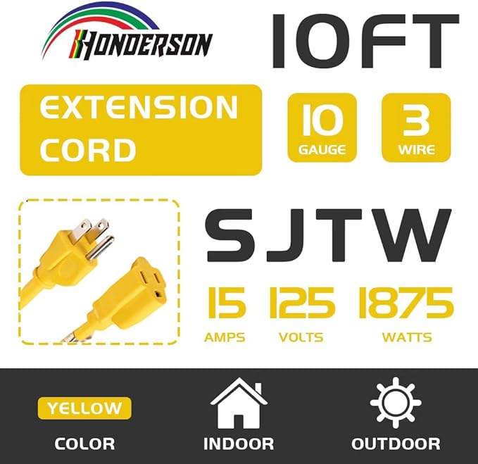 Indoor Outdoor Extension Cord Weatherproof, UL Certified, 10 Gauge 10FT Yellow 3 Prong Heavy Duty, 10/3 SJTW 15A Power Cord for Outdoor Lights, Appliances, Lawn