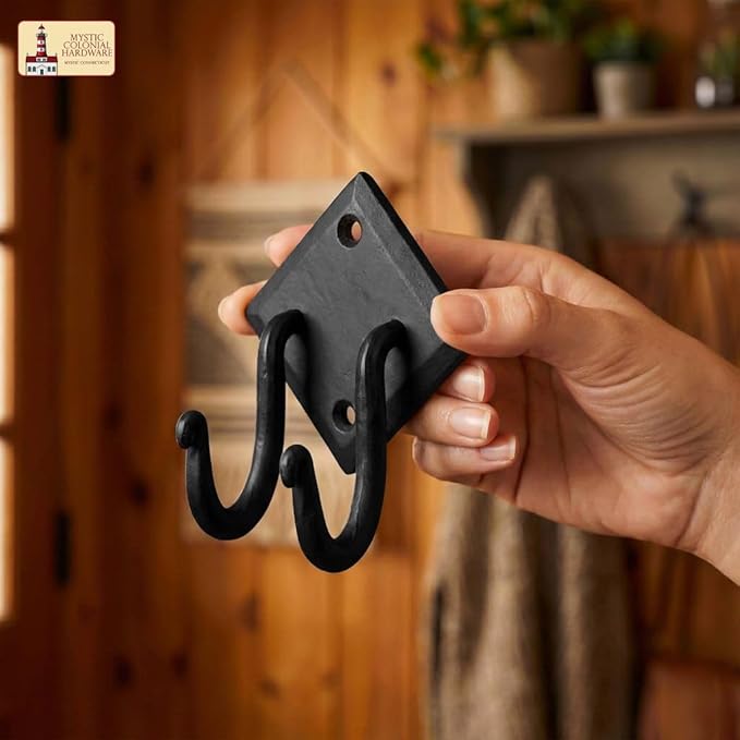 Mystic Colonial Rustic Hand Forged Iron Wall Hook with Two Hangers: Ideal for Victorian, Colonial, Retro, Steampunk, Gothic, and Baroque Settings 8.8 cm Black Pack of 1