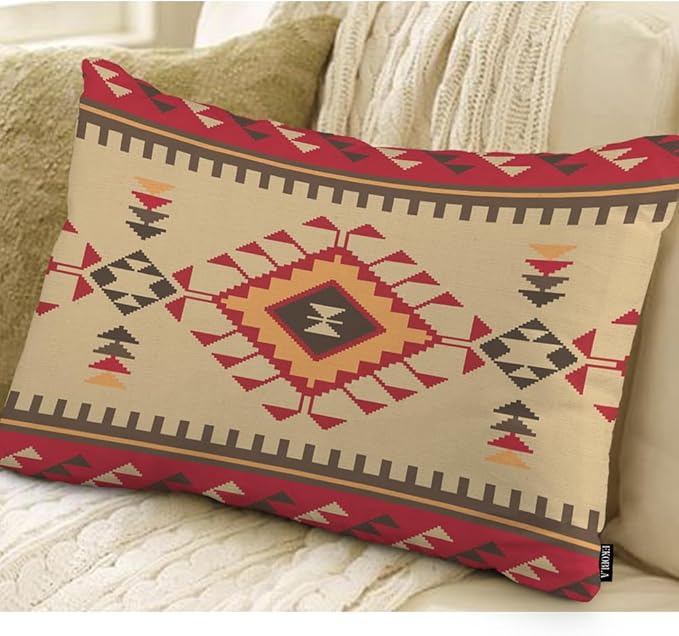 EKOBLA Vintage Ethnic Pattern 12x20 Pillow Case Tribal Print American Style Aztec Boho Geometric Square Cotton Linen Decorative Cushion Case for Couch Sofa Chair Bed 12x20 Inches