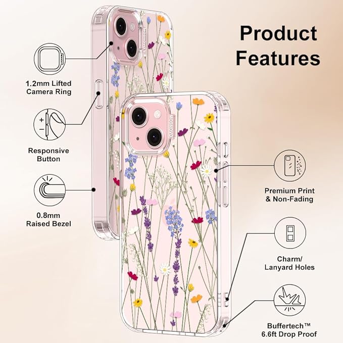 MOSNOVO Case for iPhone 15 Plus/iPhone 14 Plus, [Buffertech 6.6ft Military-Grade Drop Protection] [Anti Peel Off Tech] Clear TPU Bumper Phone Case Cover Design - Floral Garden