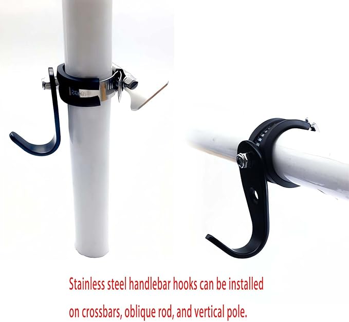 Adjustable Handlebar Hook Mount, Universal Pole Storage Hook, Black Metal Clamp Design (Double, 2pcs)