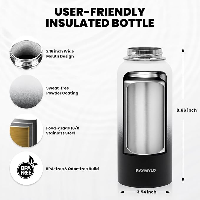 RAYMYLO Insulated Water Bottle 32 oz, Triple Wall Vacuum Stainless Steel (Cold for 24Hrs, Hot for 12Hrs), Leak Proof & Non-BPA, Modern Water Flask Jug with Paracord Handle & Straw Spout Lids