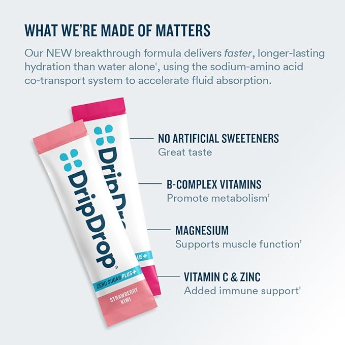 DripDrop Zero Sugar Plus - Sugar Free Hydration Packets - Single Serve Electrolytes Powder Drink Mix - Strawberry Kiwi, Peach, Cherry Limeade, Wild Berry - Non-GMO, Vegan - 8 Sticks