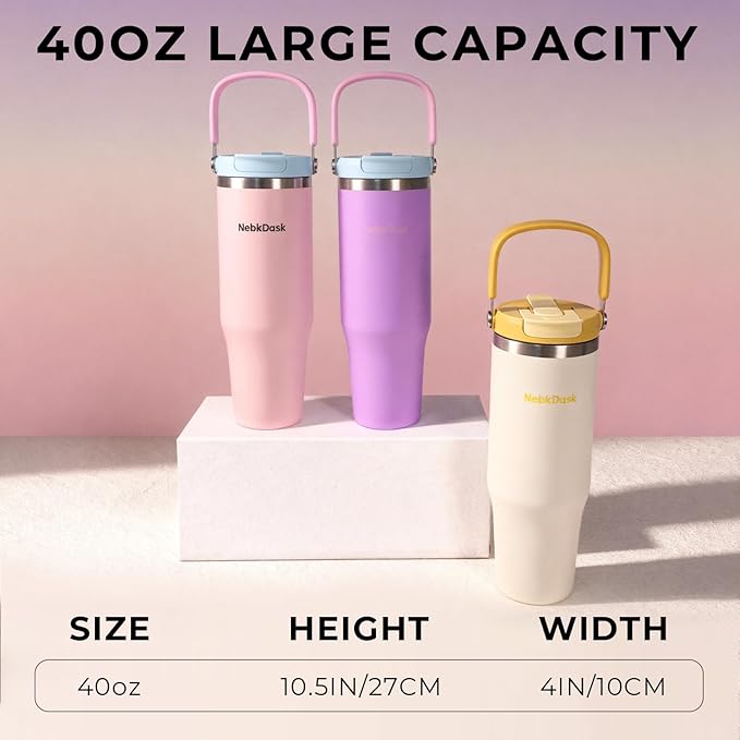 40 oz Insulated Stainless Steel Bottle with 2-in-1 Straw and Spout Lid, Water Bottle with Carry Handle Keep Cold 24H, Leak-Proof, Fits in Car Cup Holder, Travel, and School（off-White）