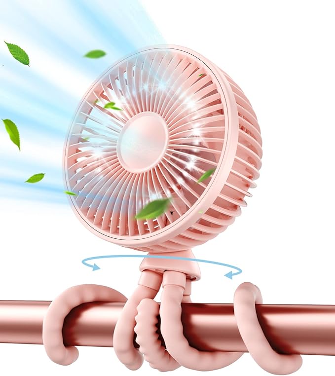 Gaiatop Baby Stroller Fan, 4000mAh Oscillating Mini Portable Fan with Light, 4 Speeds Battery Operated Small Handheld Desk Fan, 360° Rotate Flexible Tripod Clip On Fan for Car Seat Crib Travel Pink