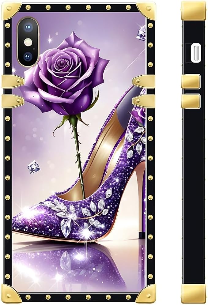 Compatible with iPhone Xs Max Case, High Heeled Purple Diamond Rose Luxury Golden Decoration for Girl Women Soft TPU Shockproof Protective Hard PC Back for iPhone Xs Max