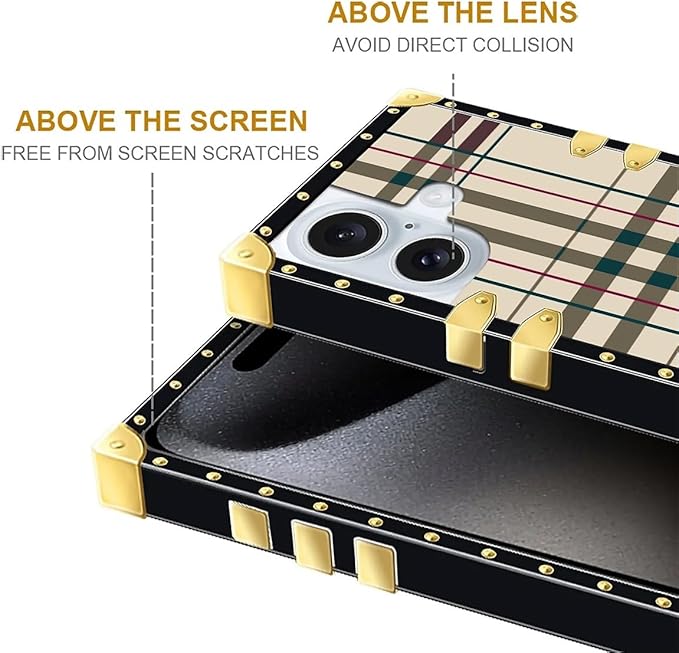 Compatible with iPhone 16 Case, Black Red Beige Stripes Luxury Golden Decoration for Girl Women Soft TPU Shockproof Protective Hard PC Back