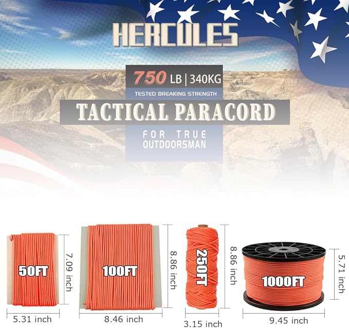 HERCULES 750lb Paracord 4mm 11 Strands Tactical Parachute Cord, 50' 100' 250' 1000' Utility Rope for Camping, Survival, Outdoor Gear (Neon Orange, 100FT)