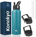 Konokyo 40oz Insulated Water Bottle Stainless Steel Sport Bottles with 3 Lids,Light Blue
