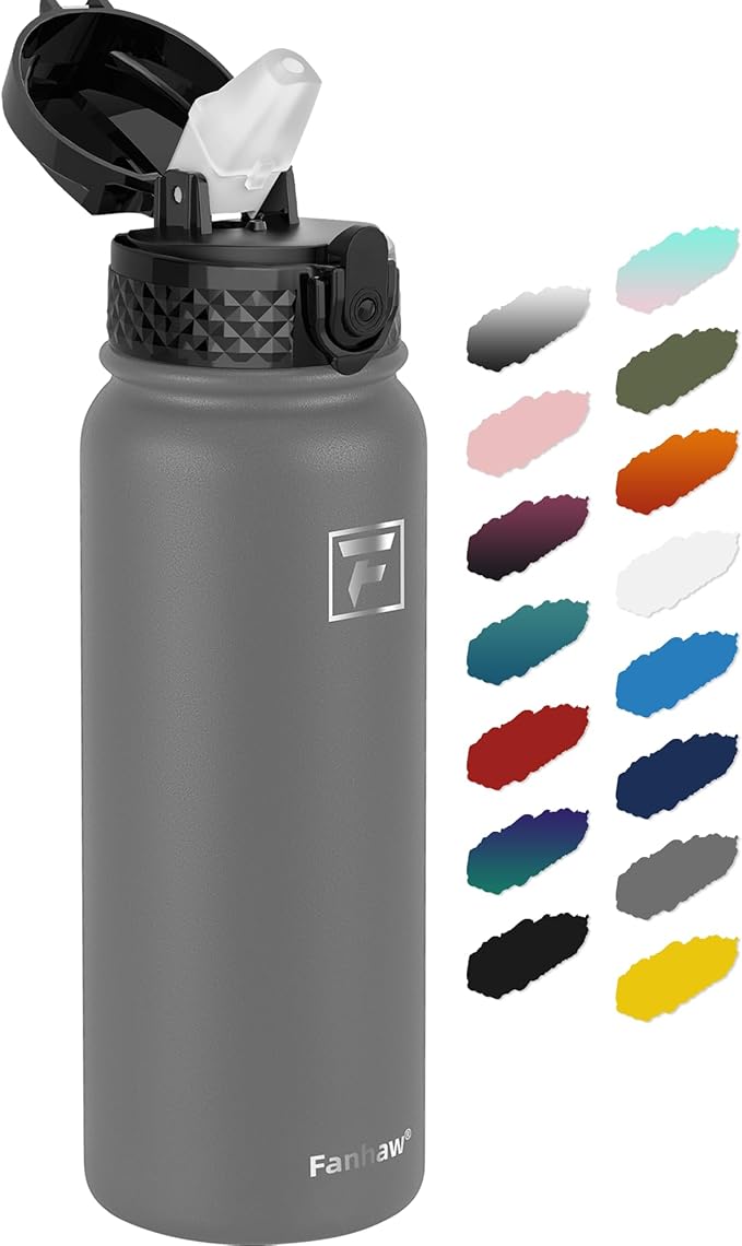 Fanhaw 20 oz Insulated Stainless Steel Water Bottle with Straw Lid, Leakproof & Anti-Dust Sports Bottle for Kids, Women & Men (Gray)
