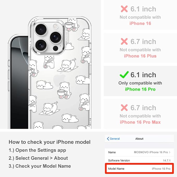 MOSNOVO for iPhone 16 Pro Case, Shockproof Military-Grade Protection 6.6ft Drop Tested, Clear Phone Case for iPhone 16 Pro, Cozy Bear Days Design