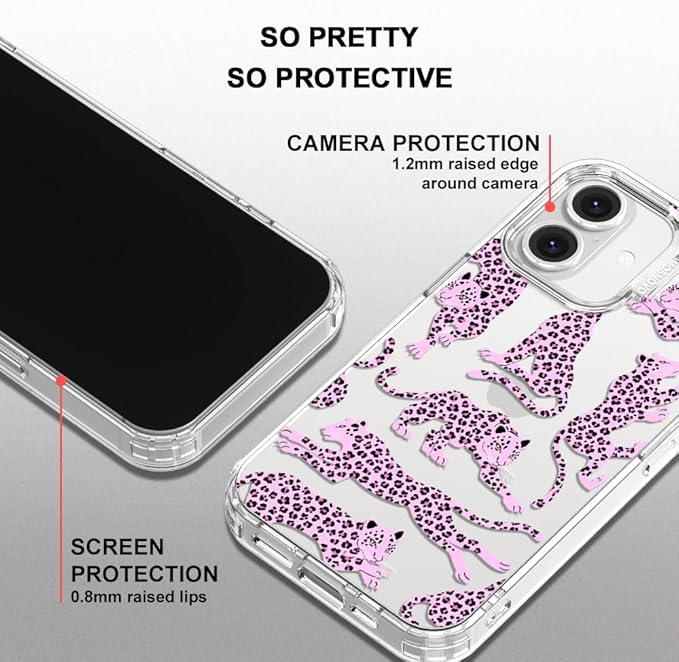 MOSNOVO Case for iPhone 16 Plus, [Buffertech 6.6ft Military-Grade Drop Protection] [Anti Peel Off Tech] Clear TPU Bumper Phone Case Cover Design - Pink Leopard