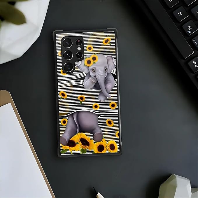 for Samsung Galaxy S23 Ultra Case, Cute Little Elephant Sunflower White Line Art Pattern Graphic Design Soft Silicone Hard Acrylic Shock Protection for Samsung Galaxy S23 Ultra