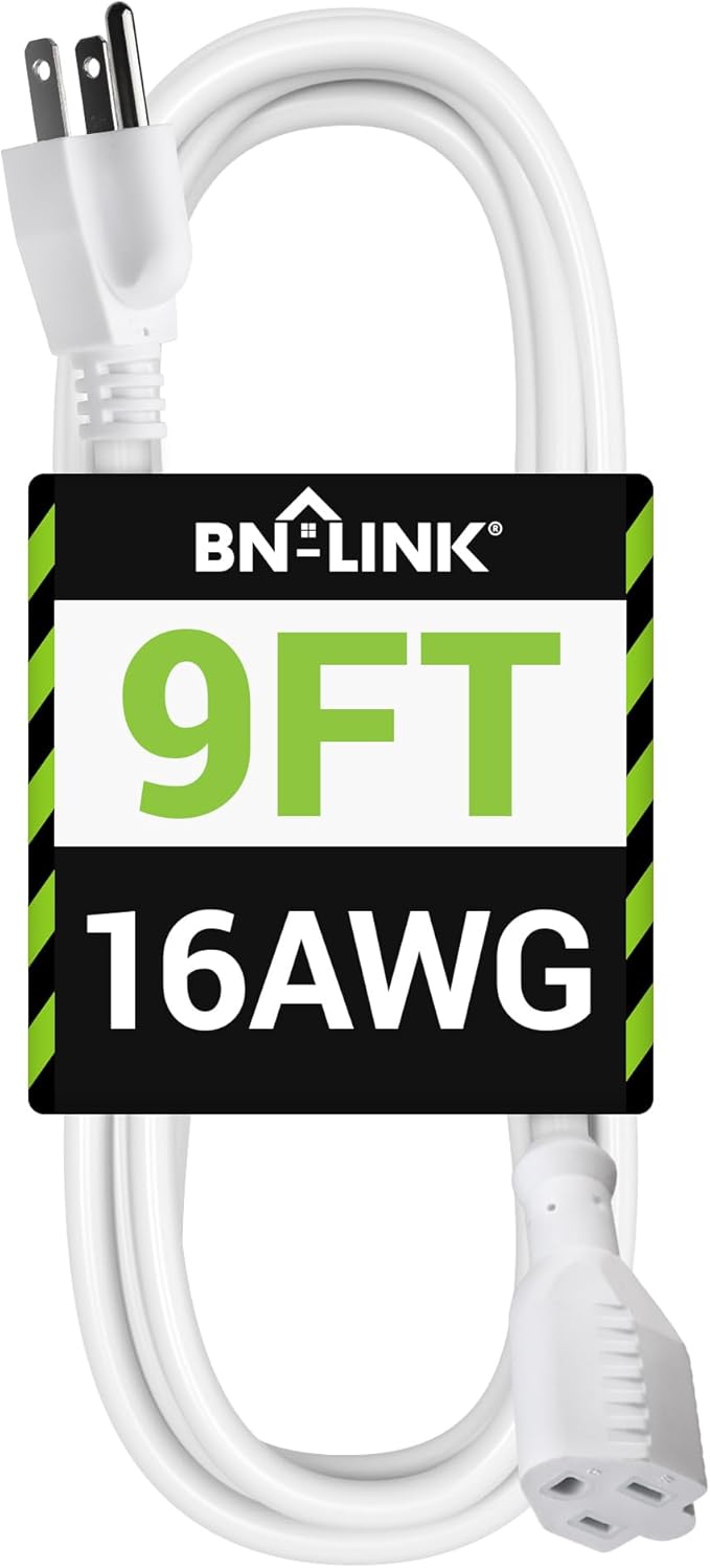 BN-LINK 9ft Outdoor Extension Cord, 3-Prong, 16 Gauge General Purpose Power Cord, Grounded Plug, White, for Landscaping & Holiday Decorations, Home & Office, 13A ETL